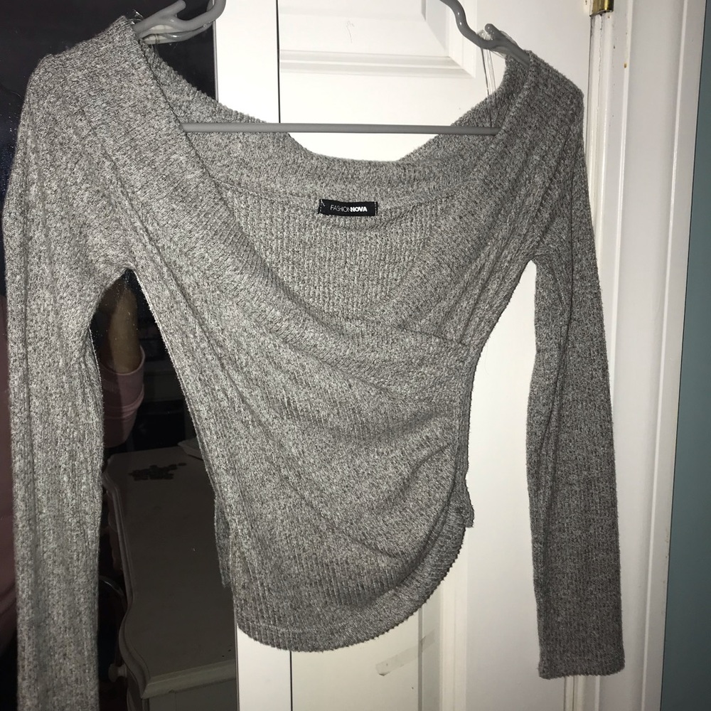 Fashion Nova off the shoulder grey wrap top